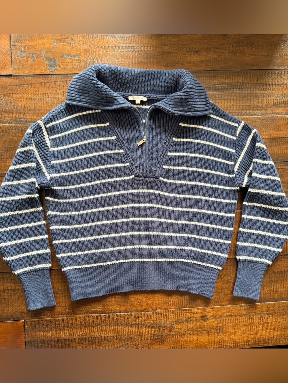 Z Supply Navy and White Striped Zip-Front Knit Sweater